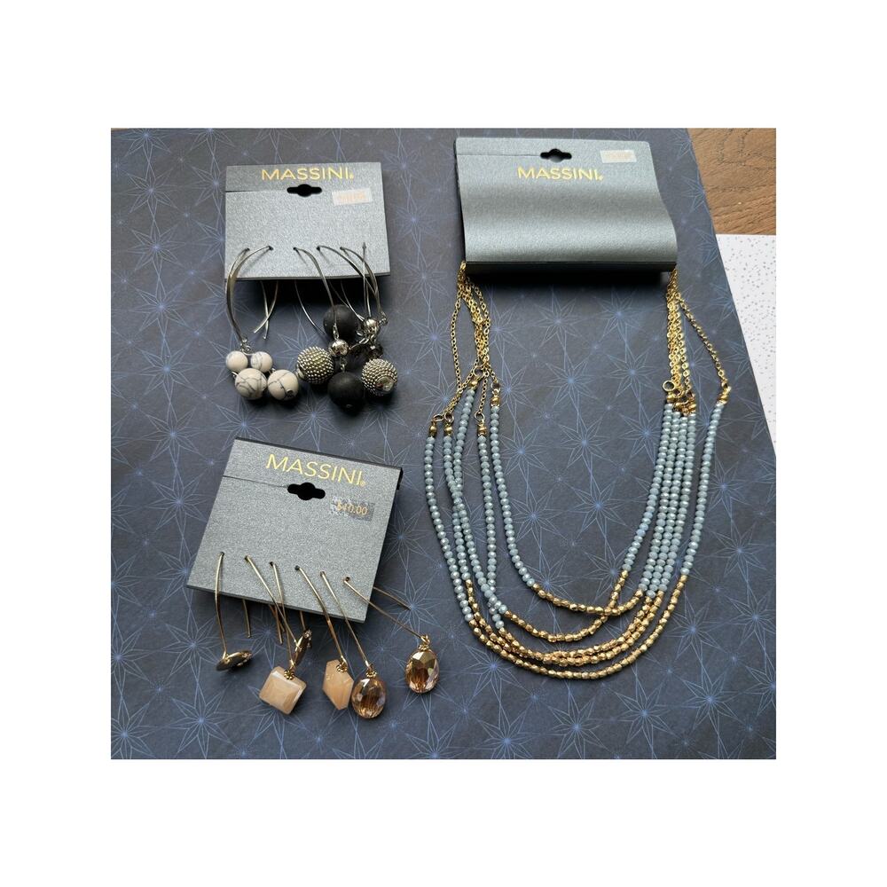 Massini Jewelry Lot Silver Gold Tone Dangle Earrings Blue Beaded Necklace NWT